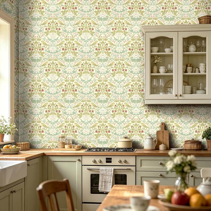 BOKEBEVE Bird Floral Wallpaper Peel Stick Beige Yellow Green 17.5 x 118In | Leaf Wall Paper Symmetry Contact Paper for Accent Walls Bedroom Removable Renter Friendly