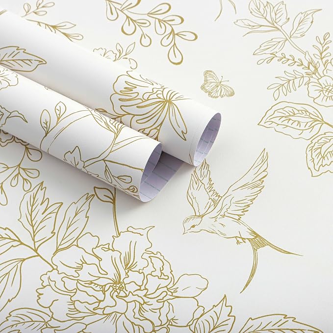 Froluya Cream White and Gold Floral Wallpaper Peel and Stick Wallpaper 17.7"x393.7" Vintage Floral Removable Self Adhesive Wall Paper for Bedroom Boho Contact Paper Peel and Stick Decorative Cabinets