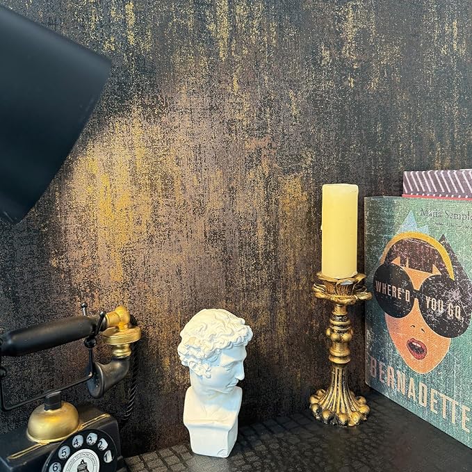 JiffDiff Vintage Metallic Peel and Stick Wallpaper Self Adhesive Industrial Metallic Concrete Wall Paper Modern Stick on Wallpaper Contact Paper(17.3" x 120" Black Gold)