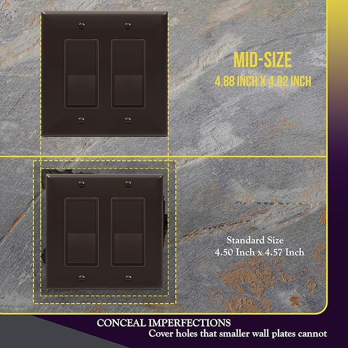 ENERLITES Decorator Light Switch or Receptacle Outlet Wall Plate, 2-Gang 4.88" x 4.92", Gloss Finish, Mid-Size, Unbreakable Polycarbonate Thermoplastic, UL Listed, 8832M-BR, Brown