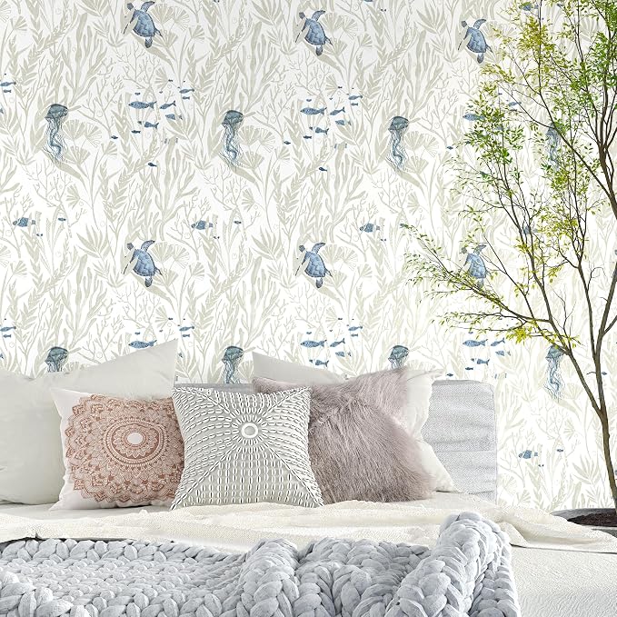 tiltil Coastal Peel and Stick Wallpaper Beige Contact Paper 17.3"×197" | Beach Self-Adhesive Wallpaper Removable Countertop Wall Paper Blue Ocean Wallpaper for Bathroom Waterproof Decor Vinyl Roll