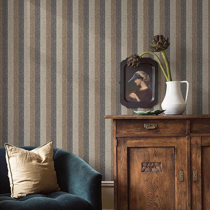 Simon&Siff Textured Fabric Geometric Peel and Stick Wallpaper 17.3"x800" Black/Grey/Brown Stripes Faux Grasscloth Linen Look Wall Paper Self-Adhesive Contact Paper Vinyl for Bedroon Bathroom Cabinets