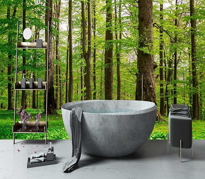 YIHWM-Peel and Stick Green Forest Wallpaper Landscapes Woodland Tree Mural | Tear-resistant,with a substantial feel;Will not be damaged during repositioning.Bathroom,Bedroom wallpaper.L-137"x96"
