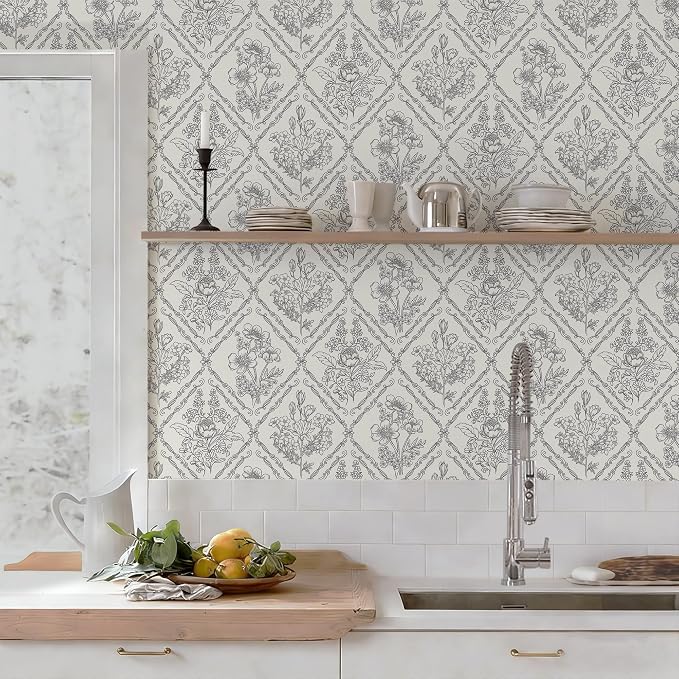 Toduso Peel and Stick Wallpaper Vintage Wall Paper Black and Cream White Contact Paper Removable Wallpaper for Kitchen Bathroom Bedroom Floral Waterproof Self Adhesive Vinyl Drawer Decor 17.3"x196.8"