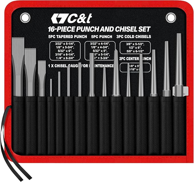 C&T 16-Piece Punch and Chisel Set with Storage Pouch, Including Taper Punch, Cold Chisels, Pin, Center Punch, Chrome Vanadium Steel