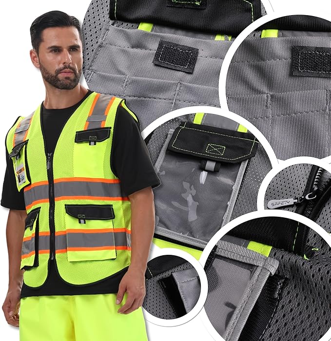 JKSafety Hi Vis Reflective Safety Vests for Men Women High Visibility Vest with Pockets Mesh Fabric Construction Safety Apparel Neon Vest for Work (220-Grey M)