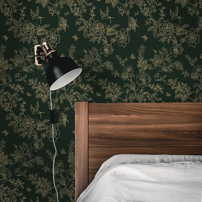 Froluya Dark Green and Gold Wallpaper Floral Peel and Stick Wallpaper 17.7"x393.7" Vintage Floral Contact Paper Peel and Stick Flowers Birds Removable Self Adhesive Wall Paper for Bedroom Cabinets
