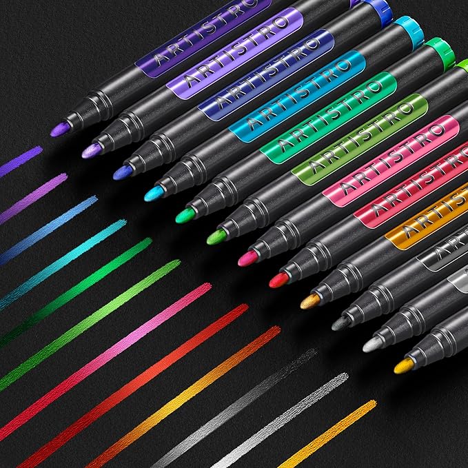 ARTISTRO 12 Metallic Paint Pens for Glass Marking, Rock Painting, Ceramic, Wood, Fabric, Scrapbooking, DIY Craft Making, Coloring - Acrylic Paint Markers Bullet Tip 2.5mm