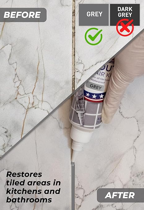 Tile Grout Repair, Grey 8.8 oz/250gr. Fast Drying Grout Repair Kit, Grout Filler Tube Repair Kit, Tile Grout Paint, Grout Sealer Restore and Renew Bathroom Floor, Tile Gaps, Joints, Lines