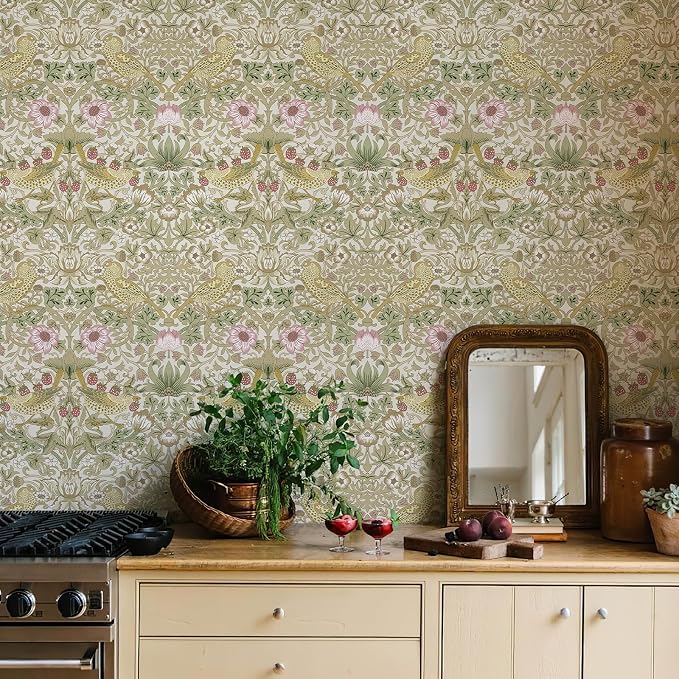 HueBurst William Morris Vintage Peel and Stick Wallpaper 17.7 x 800in Strawberry/Bird Botanical Self Adhesive Removable Waterproof Contact Paper for Living Room Bedroom Cabinets Drawers Decor