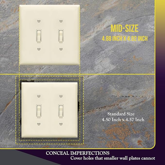ENERLITES Toggle Light Switch Wall Plate, Gloss Finish, Midway Size 2-Gang 4.88" x 4.92", Unbreakable Polycarbonate Thermoplastic, UL Listed, 8812M-LA, Light Almond