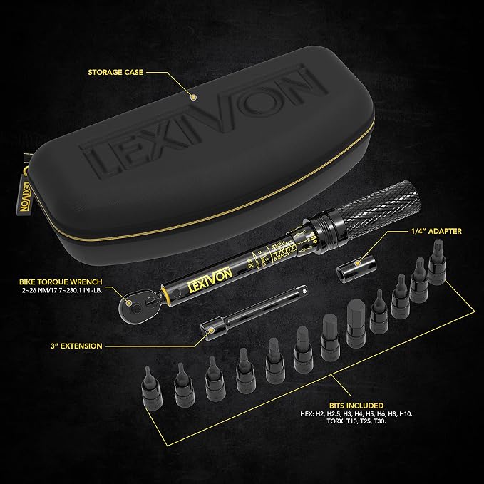 LEXIVON Bike Torque Wrench 1/4-Inch Dr. 15-Piece Kit | 72-Tooth Gear, Dual-Direction Click Type 2~26 Nm / 17.7~230.1 in-lb (LX-191)