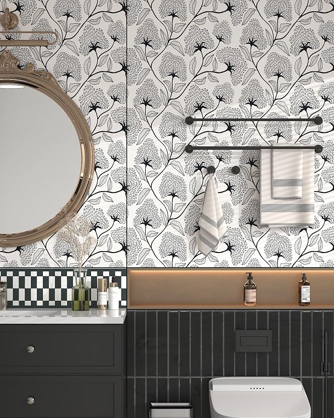 Peel and Stick Wallpaper Black and Beige Contact Paper 17.3"x78.8" | Boho Self Adhesive Wallpaper Removable Modern Floral Wall Paper for Bathroom Art Decoration Wallpapers Bedroom Kitchen Vinyl