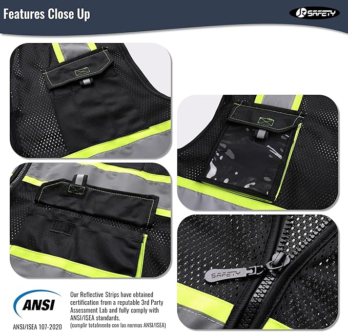 JKSafety Hi Vis Reflective Safety Vests for Men Women High Visibility Vest with Pockets Mesh Fabric Construction Safety Apparel Neon Vest for Work (220-Black XXL)