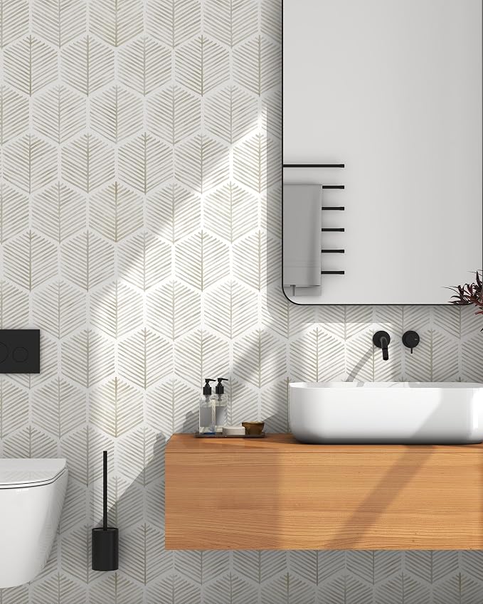 OSECAGE Geometric Peel and Stick Wallpaper Boho Contact Paper 17.3''×197'' | Modern Self Adhesive Wallpaper Removable White and Beige Wall Paper Decorative for Bedroom Bathroom Cabinets Decor Vinyl Roll