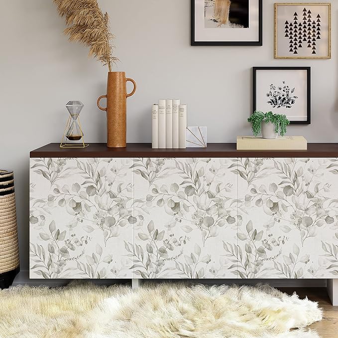 Naphite Gray Floral Peel and Stick Wallpaper Boho Farmhouse 787in17.3in | Watercolor Eucalyptus Leaf, Thicken,Self Adhesive Wallpaper for Renter Bedroom Bathroom, Removable,Contact Paper for Cabinets