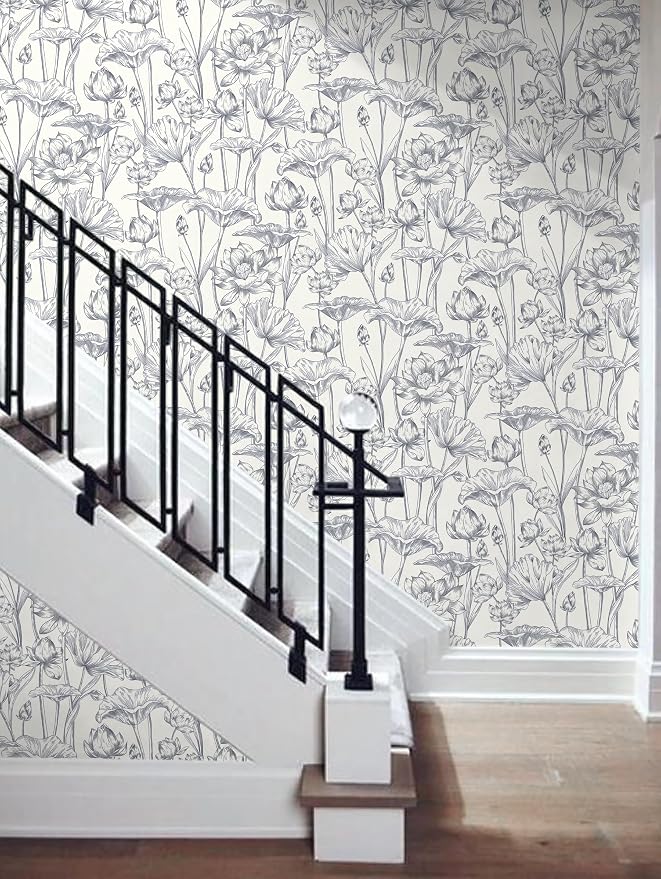 Timeet Floral Peel and Stick Wallpaper 16" x 197" White and Purple Wallpaper Lotus Removable Self Adhesive Contact Paper for Bedroom Bathroom Wall Paper Wall Decor