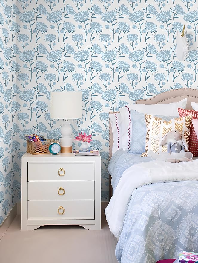 Hopepak Peel and Stick Wallpaper Floral Contact Paper Blue Floral Wallpapers Modern Self Adhesive Removable Vinyl Wallpaper for Living Room 17.3"x197"