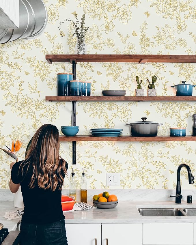 Froluya Cream White and Gold Floral Wallpaper Peel and Stick Wallpaper 17.7"x393.7" Vintage Floral Removable Self Adhesive Wall Paper for Bedroom Boho Contact Paper Peel and Stick Decorative Cabinets