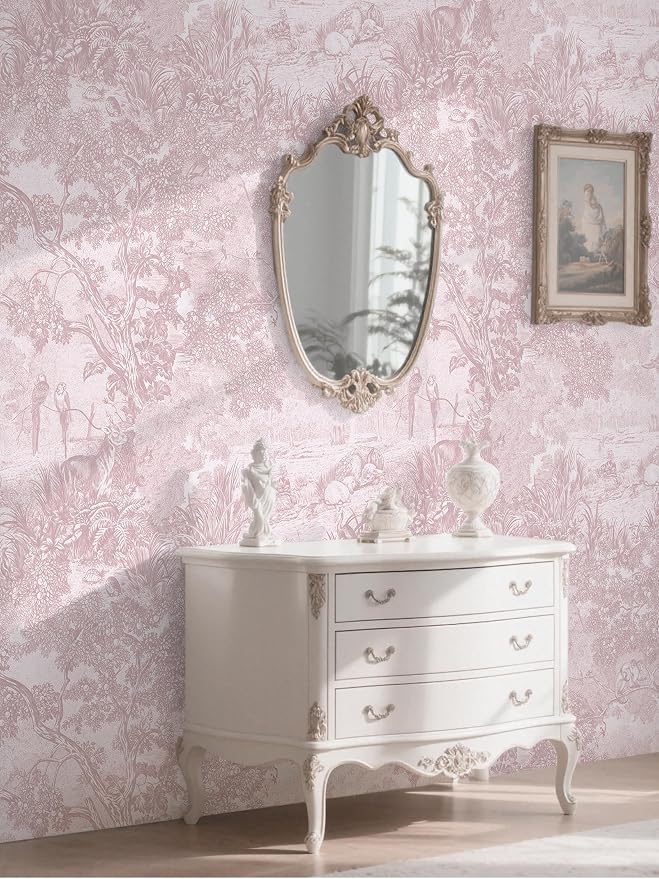 17.3" X 78.7" Peel and Stick Wallpaper Pink White Toile Forest Floral Wallpaper Renter Friendly Waterproof Removable Self Adhesive Wall Paper Bedroom Living Room Cabinets Vinyl