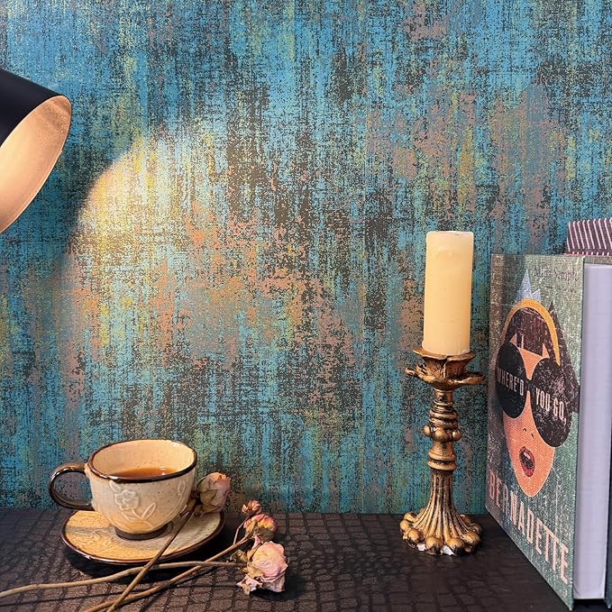 JiffDiff Vintage Metallic Peel and Stick Wallpaper Industrial Metallic Concrete Wall Paper Modern Stick on Wallpaper Self Adhesive Contact Paper(17.3" x 400" Blue Gold)