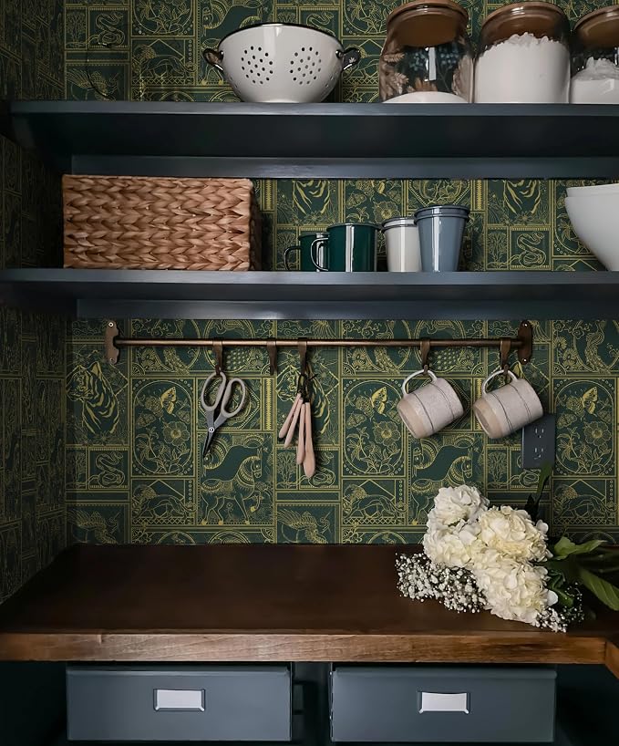 Erfoni 197"x17.7" Green and Gold Wallpaper Vintage Self Adhesive Peel Stick Wallpaper Retro Animail Pattern Contact Paper DIY Stick and Peel Removable Wall Paper Decoration Bedroom Wall Vinyl Roll