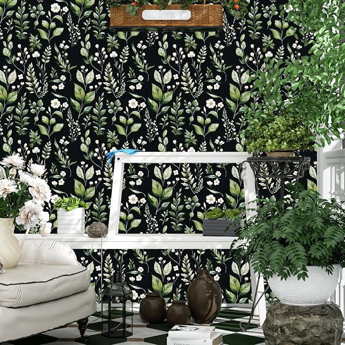 Danodoi Black Green Vintage Leaf Peel and Stick Wallpaper 17.5" x 118" | Waterproof Vinyl Self Adhesive Removable Renter Friendly Floral Contact Paper