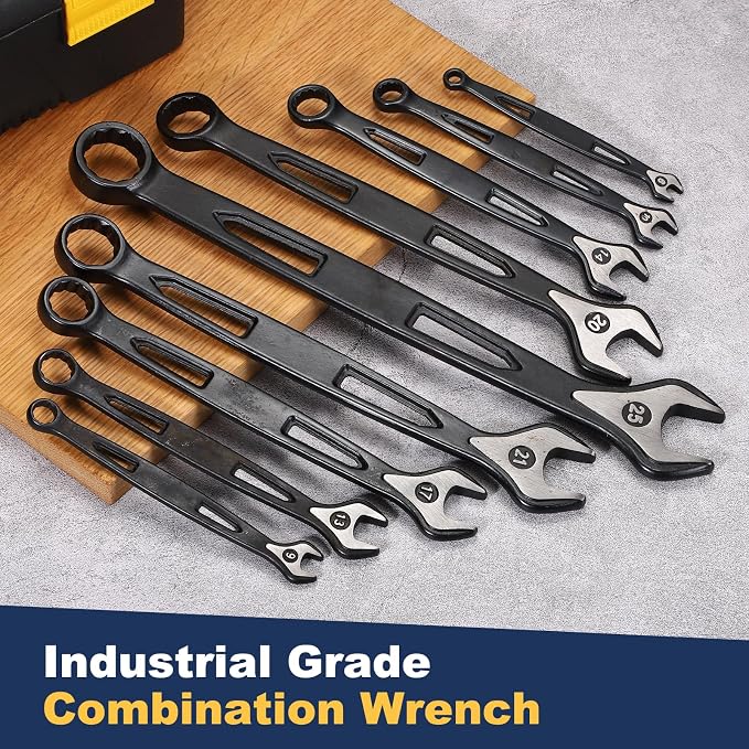 HARFINGTON 2pcs Combination Wrench 13mm Metric Extra Long 12-Point Box and Open End Carbon Steel Double Ended Industrial Grade Spanner for Automotive Furniture Machinery DIY Repair, Black
