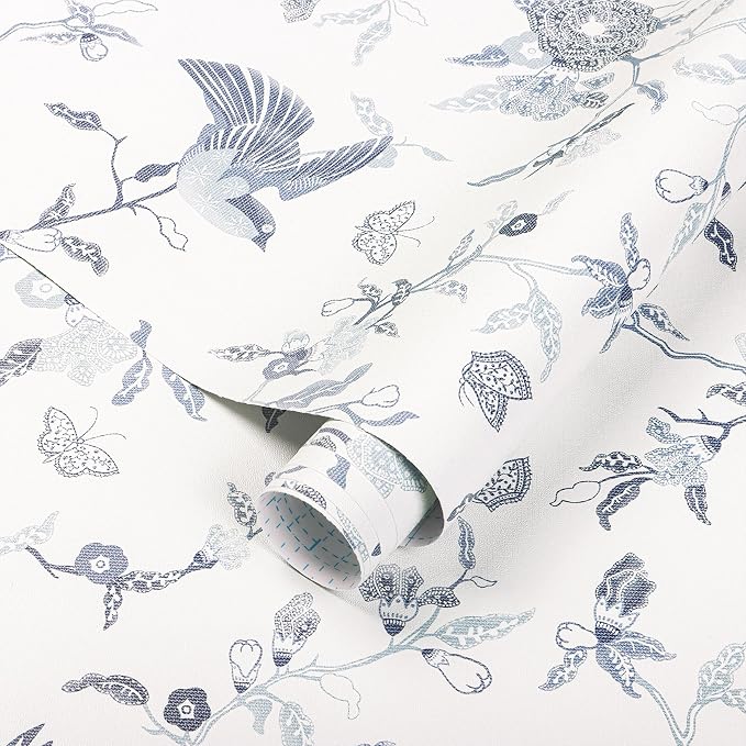 Timeet Peel and Stick Wallpaper Vintage Floral Contact Paper Blue and White Birds Wallpaper Removable Self Adhesive Flower Wall Paper for Bedroom Living Room 16.14"x393.7"