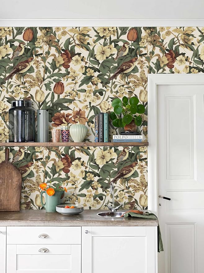 Erfoni 17.3" x 394" Birds Floral Peel and Stick Wallpaper Vintage Contact Paper for Livingroom Boho Floral and Leaf Self Adhesive Wall Paper Retro DIY Removable Wallpaper Vinyl Roll Beige