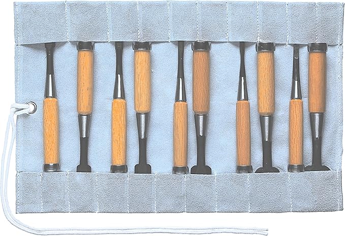 Authentic Japanese Chisel Set of 10 Pieces(3mm,6mm,9mm,12mm,15mm,21mm,24mm,30mm,36mm,42mm),with Leather Rollup Case (3,6,9,12,15,21,24,30,36,42mm)