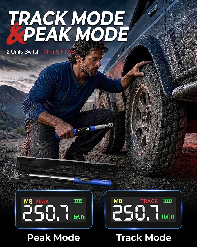 Digital Torque Wrench Set 1/2 & 3/8 Drive for Motorcycle Car Engine | 12.54-250.7ft-lb & 5.02-99.57ft-lb，±2% Accuracy，Peak & Track，Buzzer & LED Alert，Electronic Display，for Wheel Lug Spark Plug