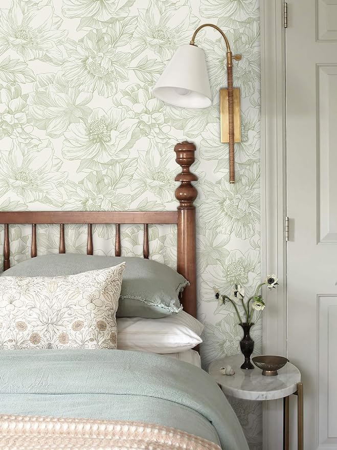 Ismoon Vintage Floral Wallpaper Peel and Stick Beige and Green Contact Paper 17.3inx32.75ft Removable Self Adhesive Wall Paper for Bathroom Bedroom Cabinet Mural Wall Decor Vinyl Renter Friendly