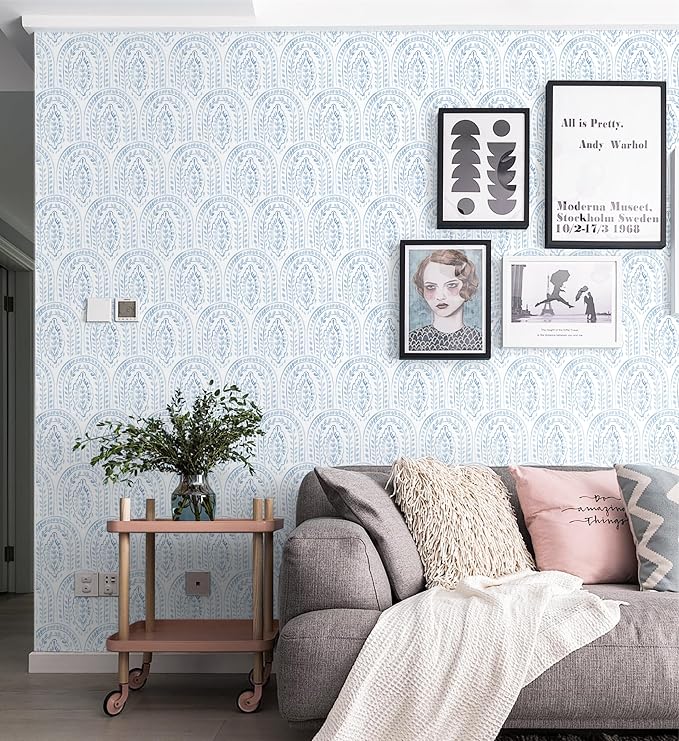 Peel and Stick Wallpaper Modern Wall Paper Boho Contact Paper Removable Peel and Stick Blue and White Self-Adhesive Wallpaper for Bathroom Bedroom Kitchen Wall Decor 17.3" x 197"
