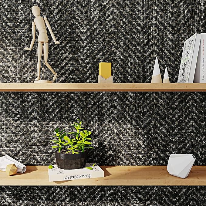 FunStick 15.8"x240" Black and Gold Grasscloth Wallpaper Self Adhesive Fabric Peel and Stick Wallpaper Geometric Wallpaper Removable Modern Herringbone Contact Paper for Bedroom Cabinets Desk Shelves