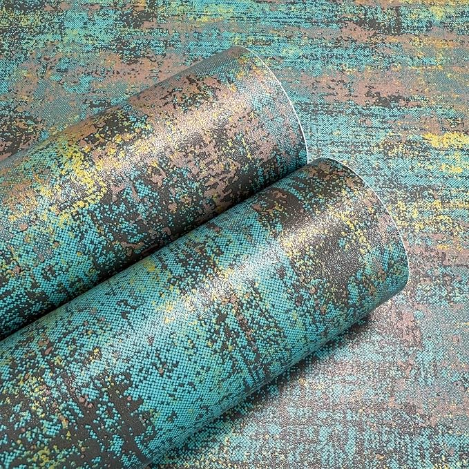 JiffDiff Vintage Metallic Peel and Stick Wallpaper Industrial Metallic Concrete Wall Paper Modern Stick on Wallpaper Self Adhesive Contact Paper(17.3" x 1200" Blue Gold)