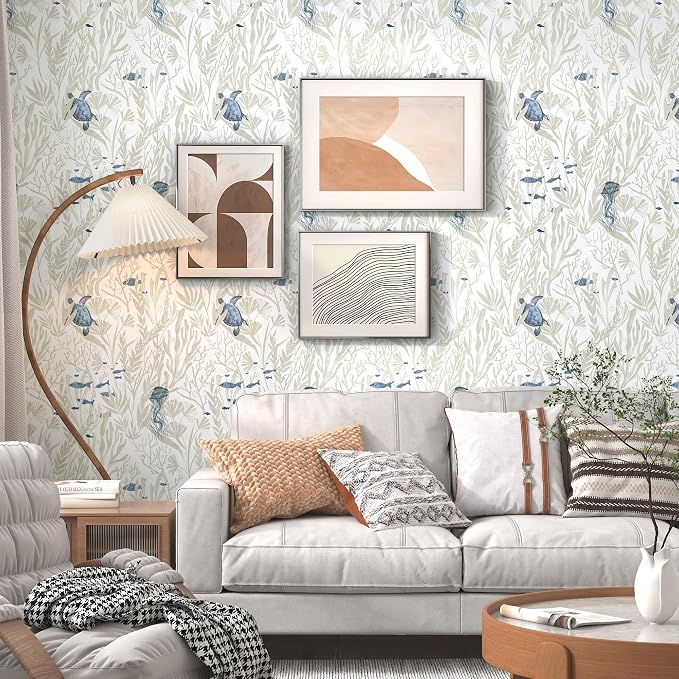 tiltil Coastal Peel and Stick Wallpaper Beige Contact Paper 17.3"×197" | Beach Self-Adhesive Wallpaper Removable Countertop Wall Paper Blue Ocean Wallpaper for Bathroom Waterproof Decor Vinyl Roll