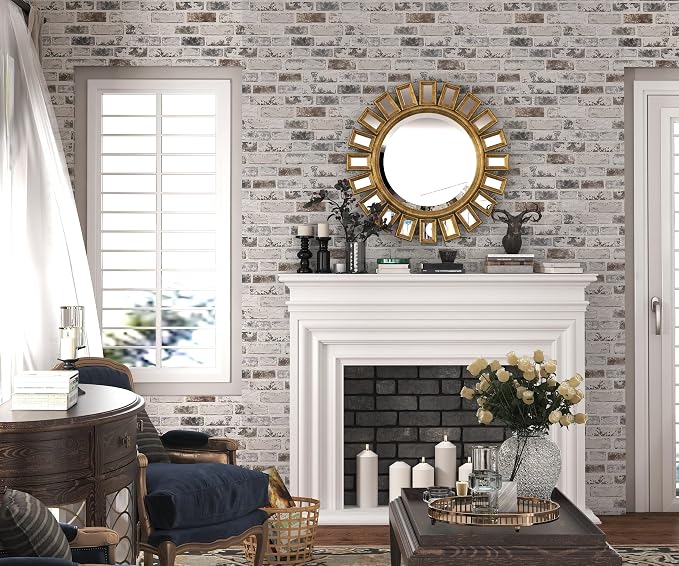 Brick Wallpaper Peel and Stick Wallpaper 17.3"x197" Grey and White 3D Brick Wallpapers Self Adhesive Vintage Wall Paper Removable Textured Contact Paper for Fireplace Kitchen Home Decoration Vinyl