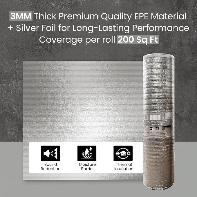3-in-1 Acoustic Premium Floor Underlayment - 200 sqft Roll - 3mm Thick EPE with Silver Foil Vapor Barrier with Tape - Moisture Barrier, Thermal Insulation, Sound Insulation (Silver Protect)