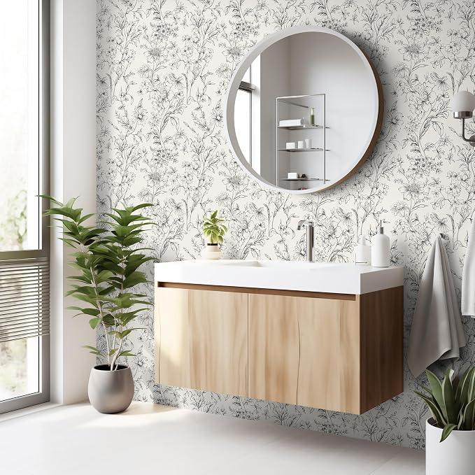 Hopepak 17.3''x197'' Floral Peel and Stick Wallpaper Black and Cream White Contact Paper Self Adhesive Removable Wall Paper for Bedroom Bathroom Cabinet