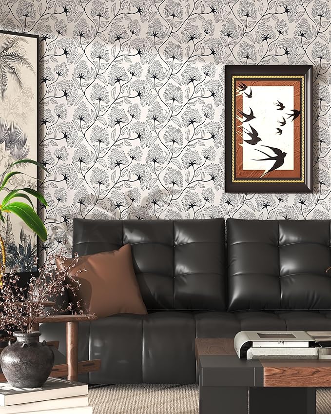 Peel and Stick Wallpaper Black and Beige Contact Paper 17.3"x78.8" | Boho Self Adhesive Wallpaper Removable Modern Floral Wall Paper for Bathroom Art Decoration Wallpapers Bedroom Kitchen Vinyl