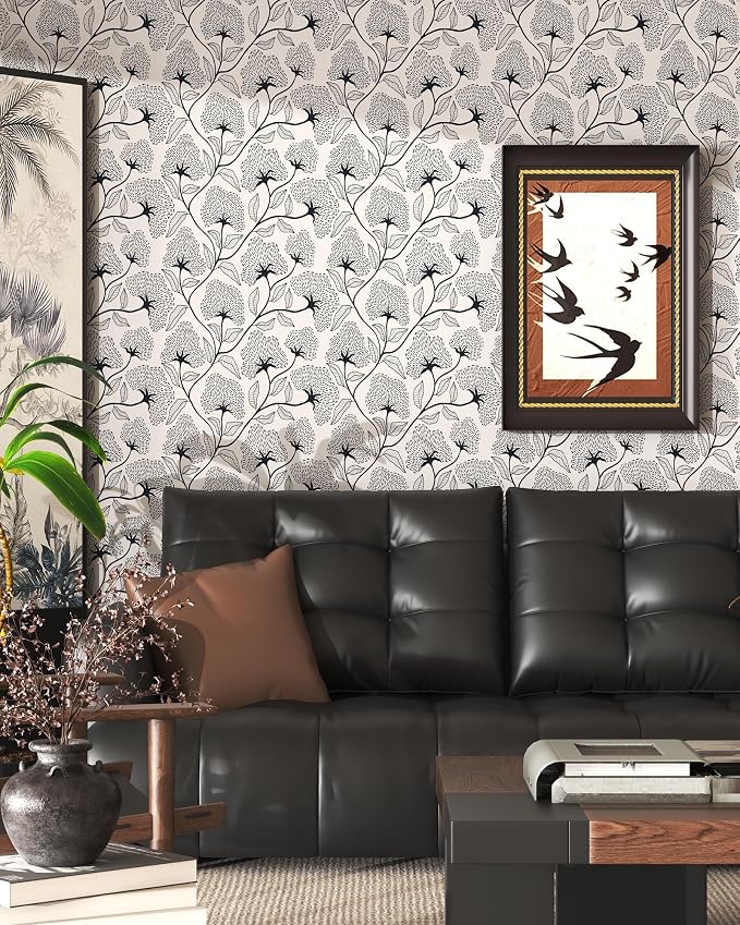 Peel and Stick Wallpaper Black and Beige Contact Paper 17.3"x197" | Boho Self Adhesive Wallpaper Removable Modern Floral Wall Paper for Bathroom Art Decoration Wallpapers Bedroom Kitchen Vinyl