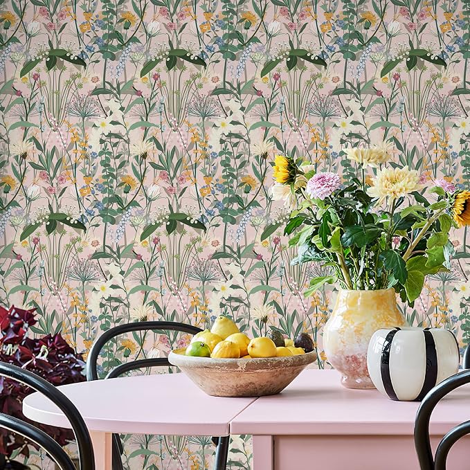 JiffDiff Floral Wallpaper Peel and Stick 17.3"x472" Pink Farm Wildwood Stick on Wallpaper for Home Bedroom Cabinets Thicken Self Adhesive Contact Paper