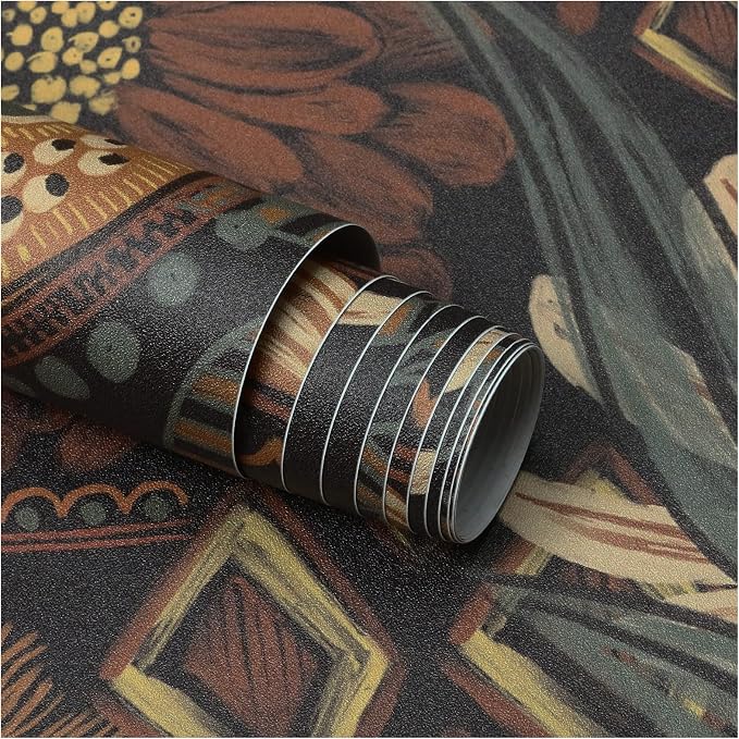 HAOKHOME Peel and Stick Wallpaper Boho Floral Vintage Botanical Bathroom | Renter Friendly Removable Textured Wall Paper Brown Cottagecore Green Orange Retro Moody Bedroom Accent Wall 17.3in x 9.8ft