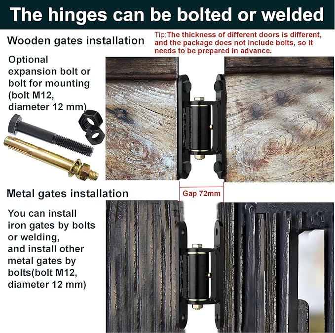Heavy Duty Gate Hinges ，7in Can Be Bolted or Welded On Heavy Duty Large Wood or Metal Gates, 1100 lbs Max Load,Built-in Roller Bearing Hinges Opened 90° Inward or Outward,2pack