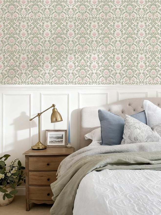YXTII 590.5" × 17.3" Floral Wallpaper Peel and Stick Pink and Green Wallpaper Vintage Damask Wall Paper for Bedroom Bathroom Decorative Self Adhesive Contact Paper
