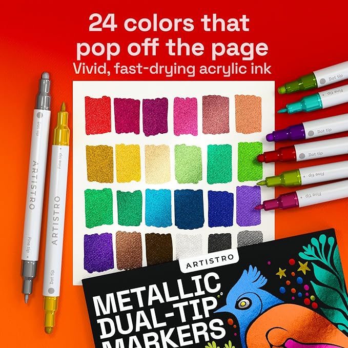 ARTISTRO 24 Metallic Precision Dual-Tip Acrylic Paint Markers – Paint Pens Set with Dot & Fine Tips for Fabric, Rock, Glass, Wood, Coloring Books – Classroom & Art Supplies Teacher Appreciation Gift