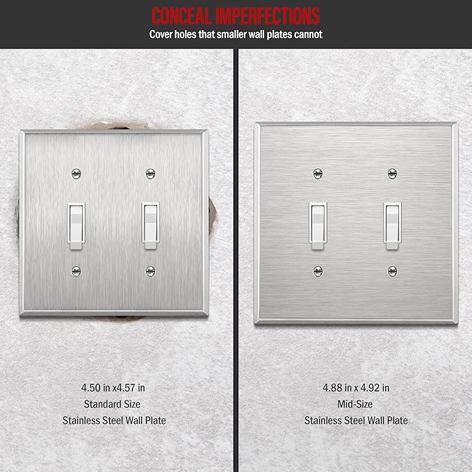ENERLITES Toggle Light Switch Metal Midway Wall Plate, Corrosion Resistant, Mid-Size 2-Gang 4.88" x 4.92", UL Listed, 7712M, 430 Stainless Steel, Silver