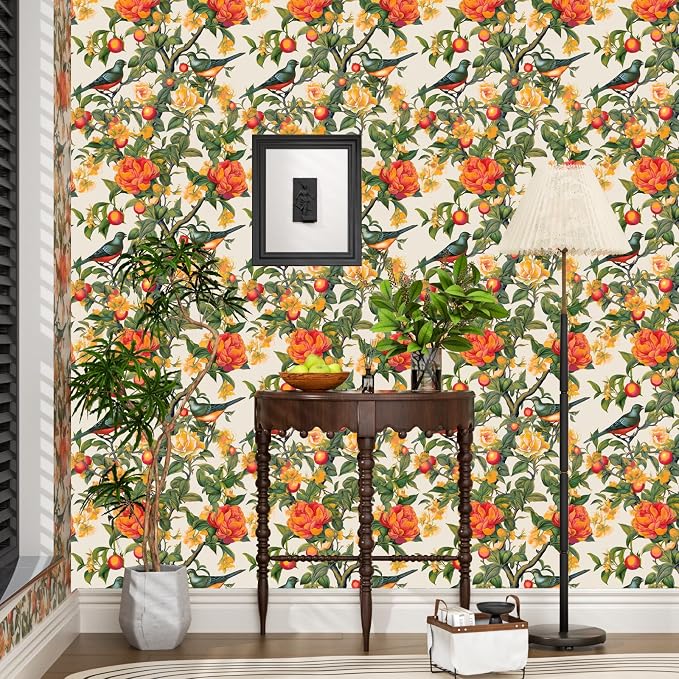 Danodoi Orange Vintage Bird and Stick Wallpaper 17.5" x 393" | Waterproof Vinyl Self Adhesive Removable Renter Friendly Floral Contact Paper