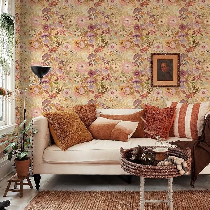 Ismoon Vintage Floral Peel and Stick Wallpaper Deep Beige Contact Paper Jellyfish Starfish Stick on Wall Paper Removable Self Adhesive Vinyl Wallpaper for Bedroom Wall Cabinet Decor 17.3x393in